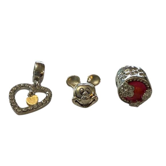 Silver Bling Heart Mouse Silver Pink Flower 3 Bracelet Charm Set NEW - Picture 1 of 4